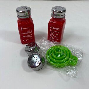 Red Salt & Pepper Shaker Set Metal Lids Silicone Collapsible Funnel Extra Lids